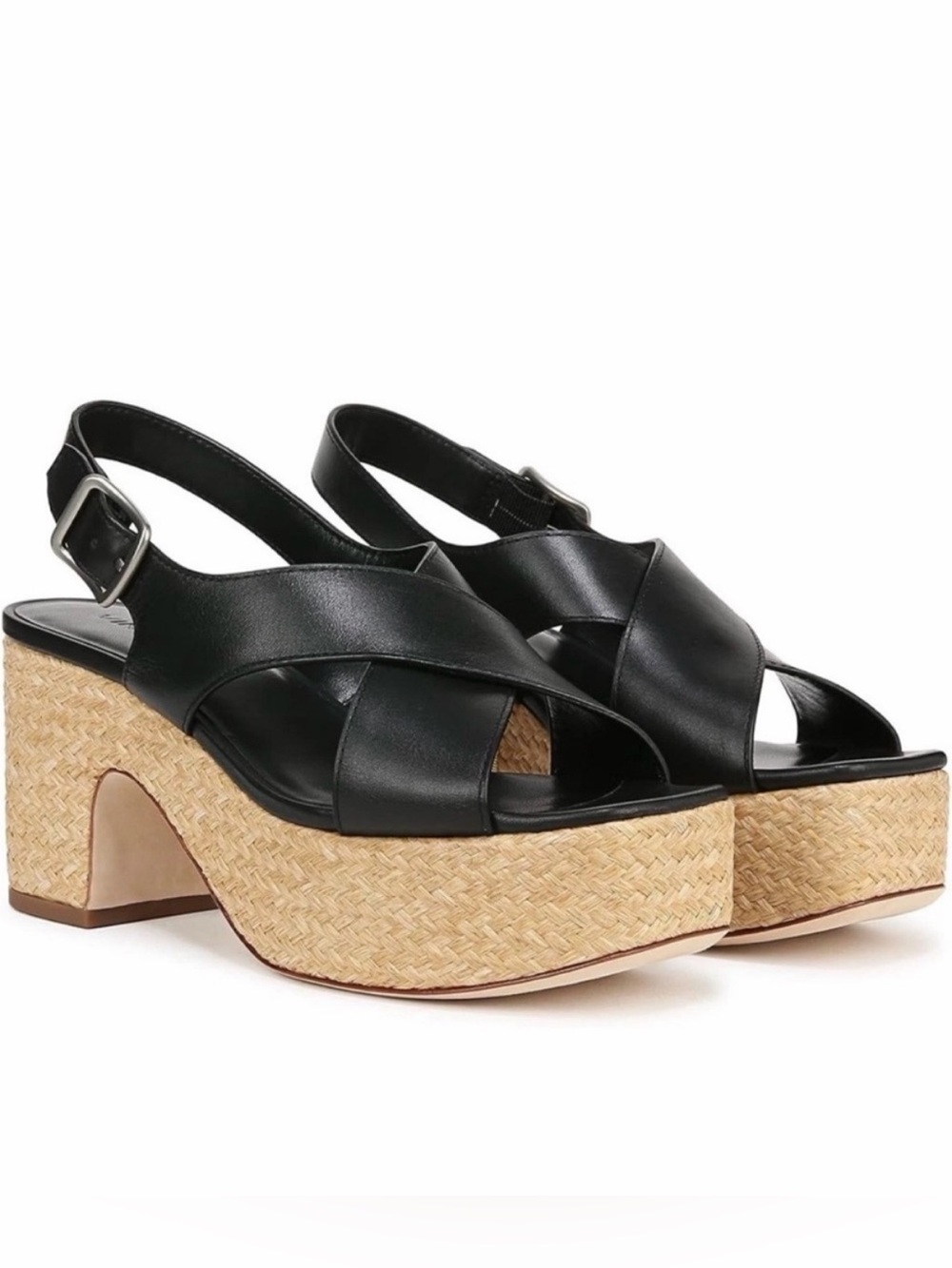 Vince Black Clementina Leather Crisscross Slingbacks Sandals w/Rafia Platforms